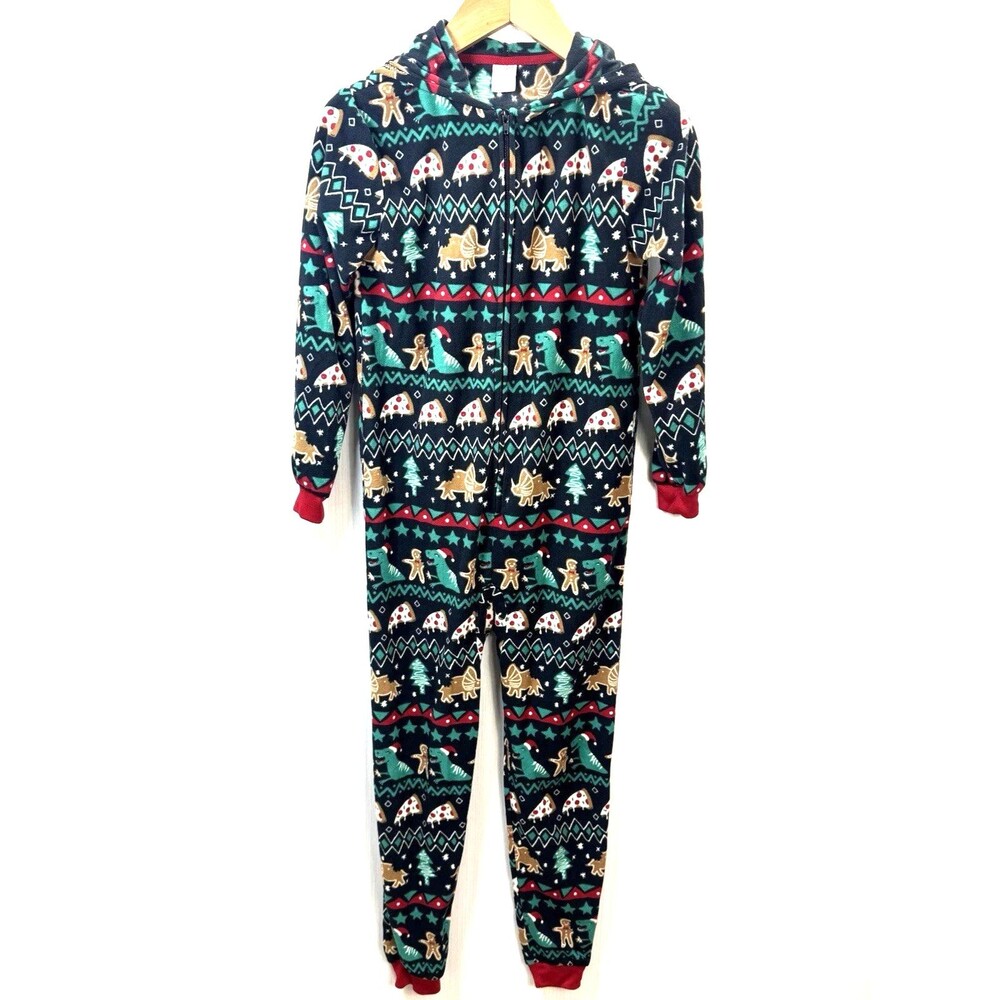 Cat And Jack One Piece Pajamas Christmas Dinosaur Size L Front Zip Hoodie T Rex